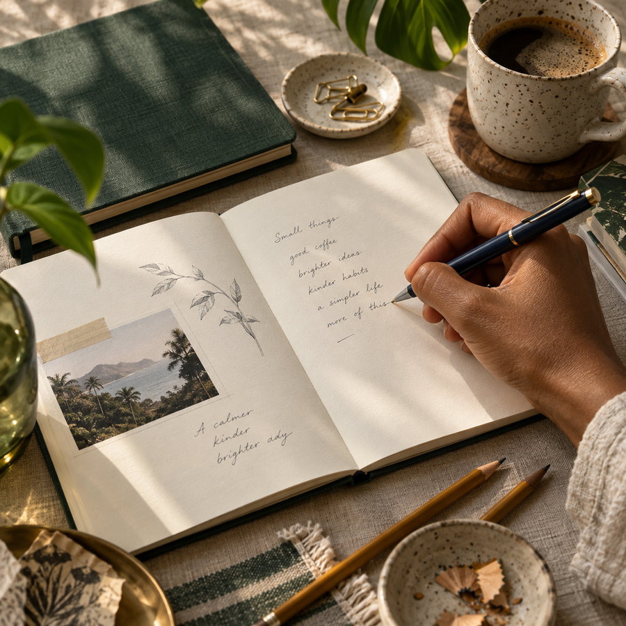 A quiet moment writing in a notebook, with coffee and favourite stationery